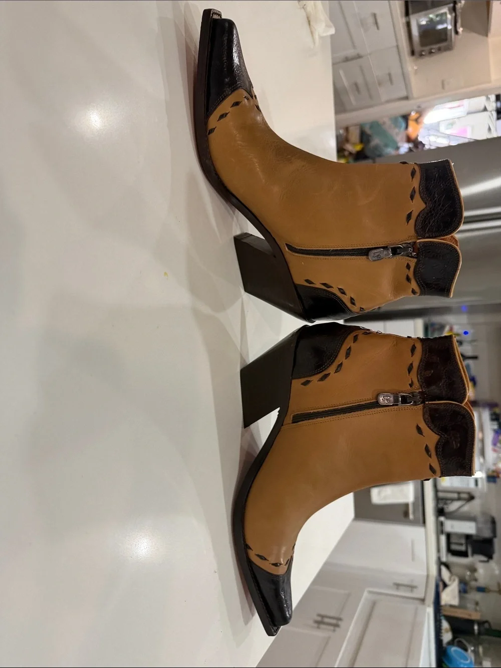 Donald J. Pliner Two-Tone Tan and Black Pointed Ankle Booties